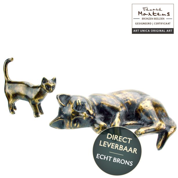 Bronzen beeldjes set Poes slapend met Kitten