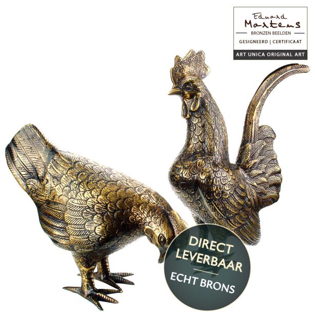 Bronzen beelden set Kip en Haan