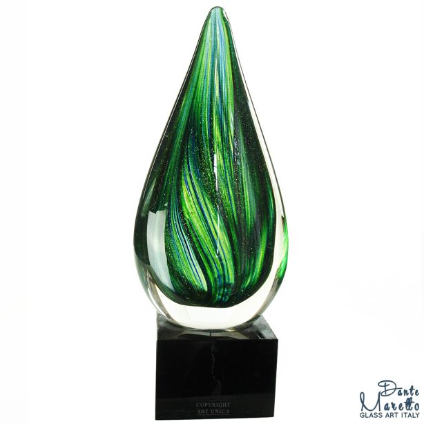 Glassculptuur Vlam groen op sokkel Unica