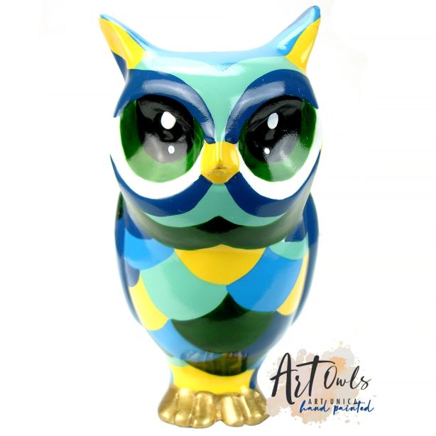 Art Owl BLUE FEATHER beeld uil blauw Unica Artists Collective