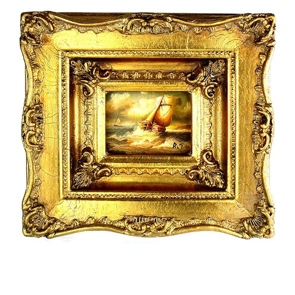 Romantisch schilderij schuit in woelige zee Art Unica