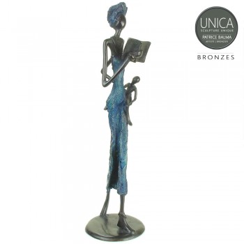 Bronzen beeld Afrikaanse vrouw met kind en boek